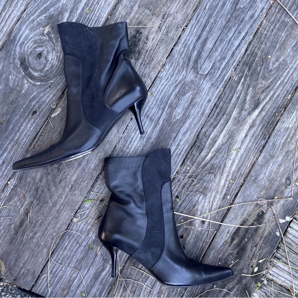 Vintage Zita Maria Italy Black Leather Ankle Booties Pointy Toe Heels Sz 40 9.5